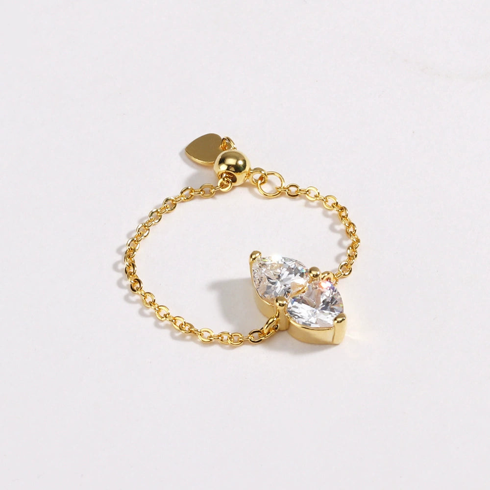 New Copper Plated Dual Heart Stretch Ring for Women - Adjustable Chain Fashion Jewelry