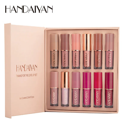 12-Color Book-Style Lip Glaze Set – Liquid Lipstick with Glossy & Pearlescent Finish
