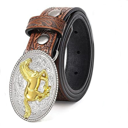 Embossed Cowboy Genuine Leather Kid Western Buckle Belts for Jeans Gifts