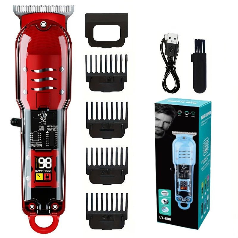 Professional Cordless Hair Clippers: Transparent Electric Hair Trimmer Set with 0 Pitch Light