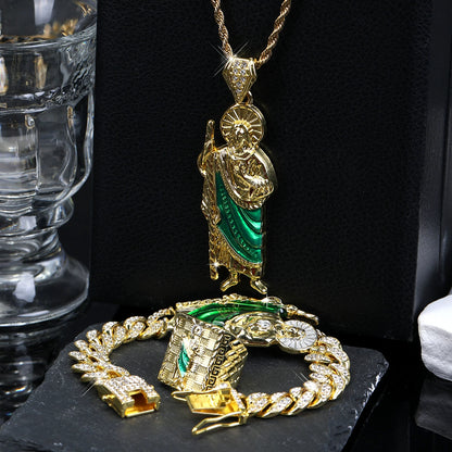 4Pcs San Judas Tadeo Jewelry Set, San Judas Pendant Necklace Bracelet Ring Set