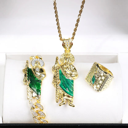4Pcs San Judas Tadeo Jewelry Set, San Judas Pendant Necklace Bracelet Ring Set