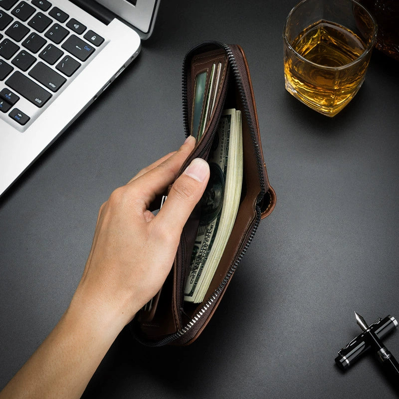 Men's Leather Zip Around Wallet ID Card Window Secure Zipper Bifold RFID
