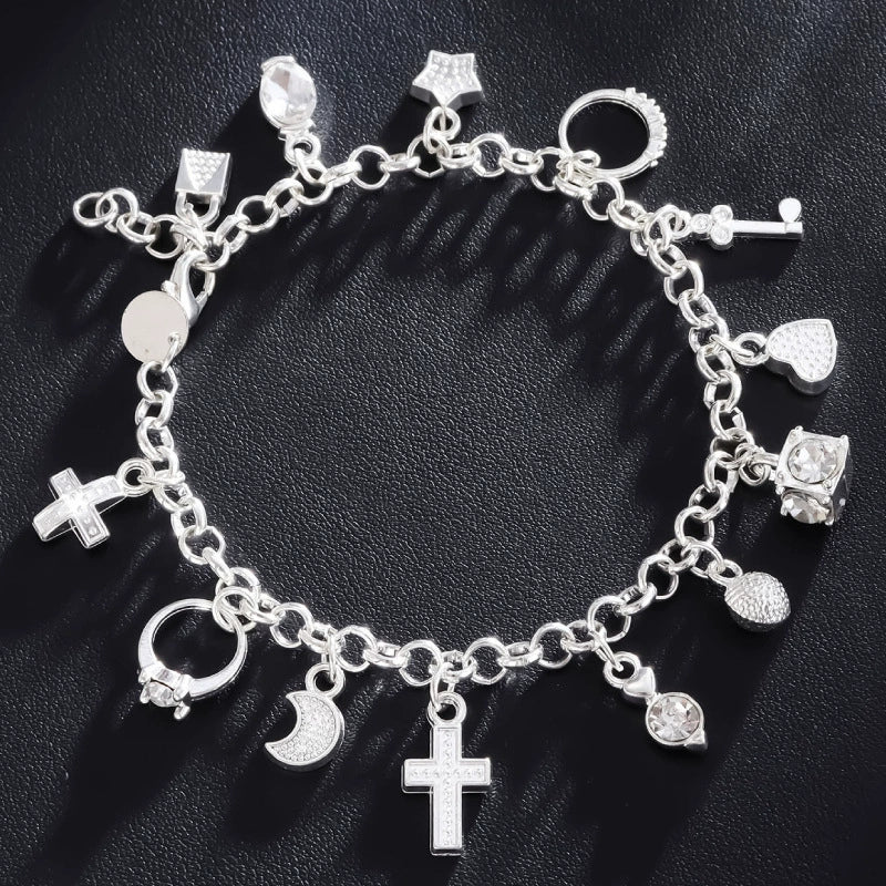 925 Sterling Silver Fashion 13pcs Pendant Chain Charm Bracelet