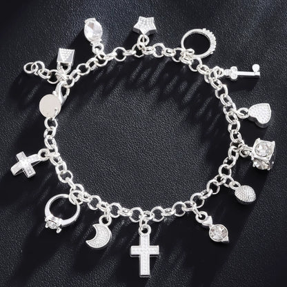 925 Sterling Silver Fashion 13pcs Pendant Chain Charm Bracelet