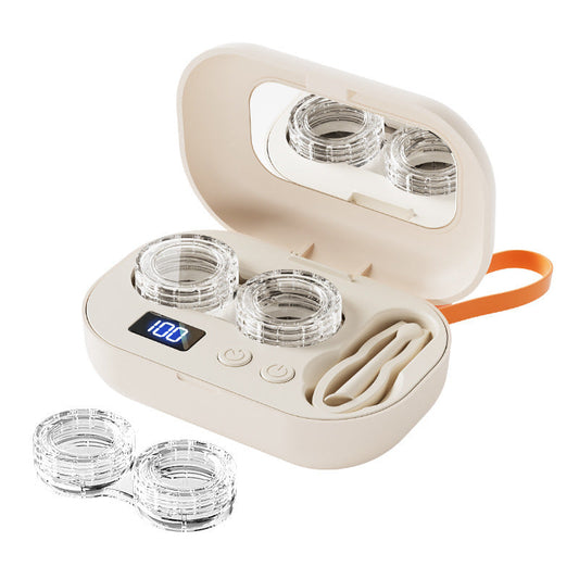 Ultrasonic Rechargeable Contact Lens Cleaner with Vanity Mirror - Portable Case for Hard & Soft Lenses