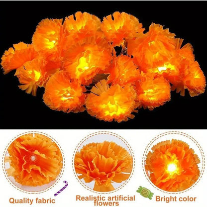 Artificial Marigold Flowers Orange Fairy Curtain Lights Battery Operated for Diwali Day of The Dead Pooja Party Decoration