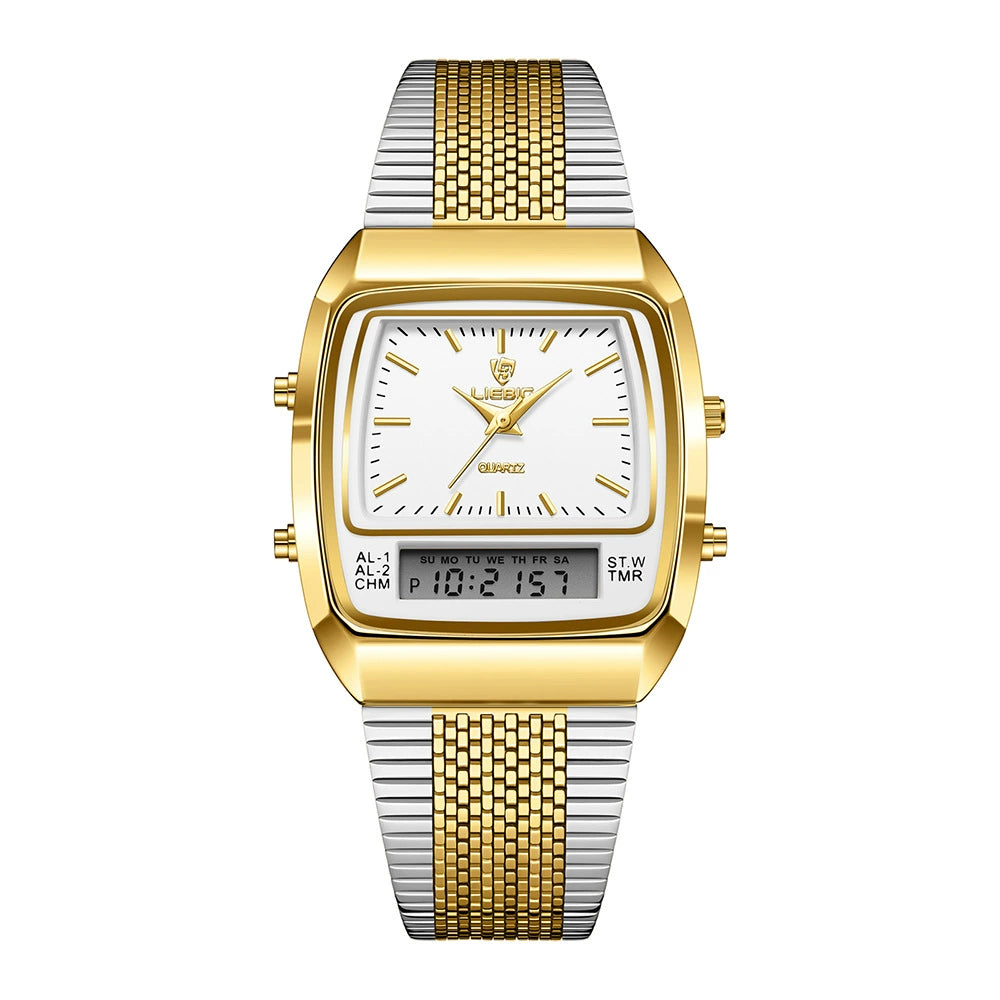 Retro Square Dial Watch for Men - Fashionable Waterproof 30M Dual Display Analog-Digital