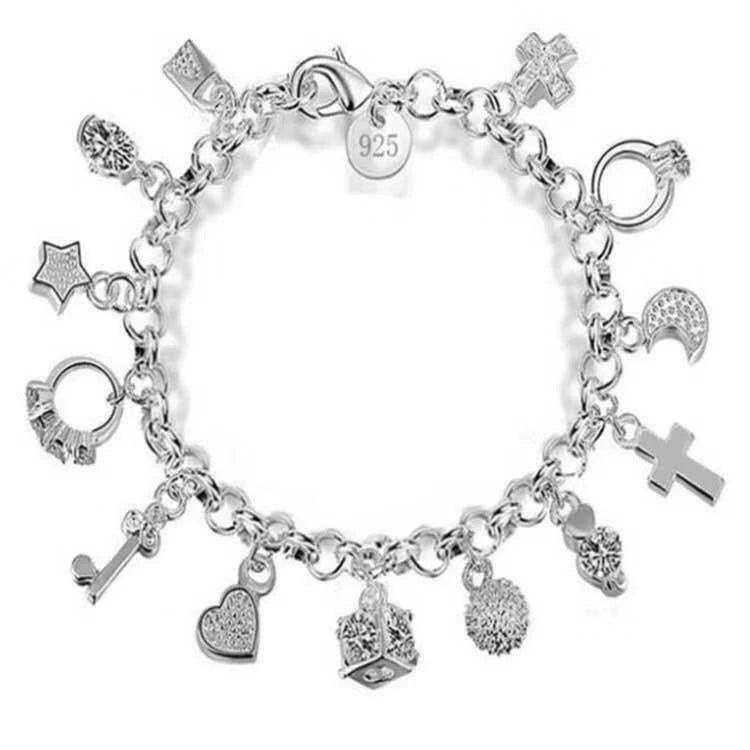 925 Sterling Silver Fashion 13pcs Pendant Chain Charm Bracelet