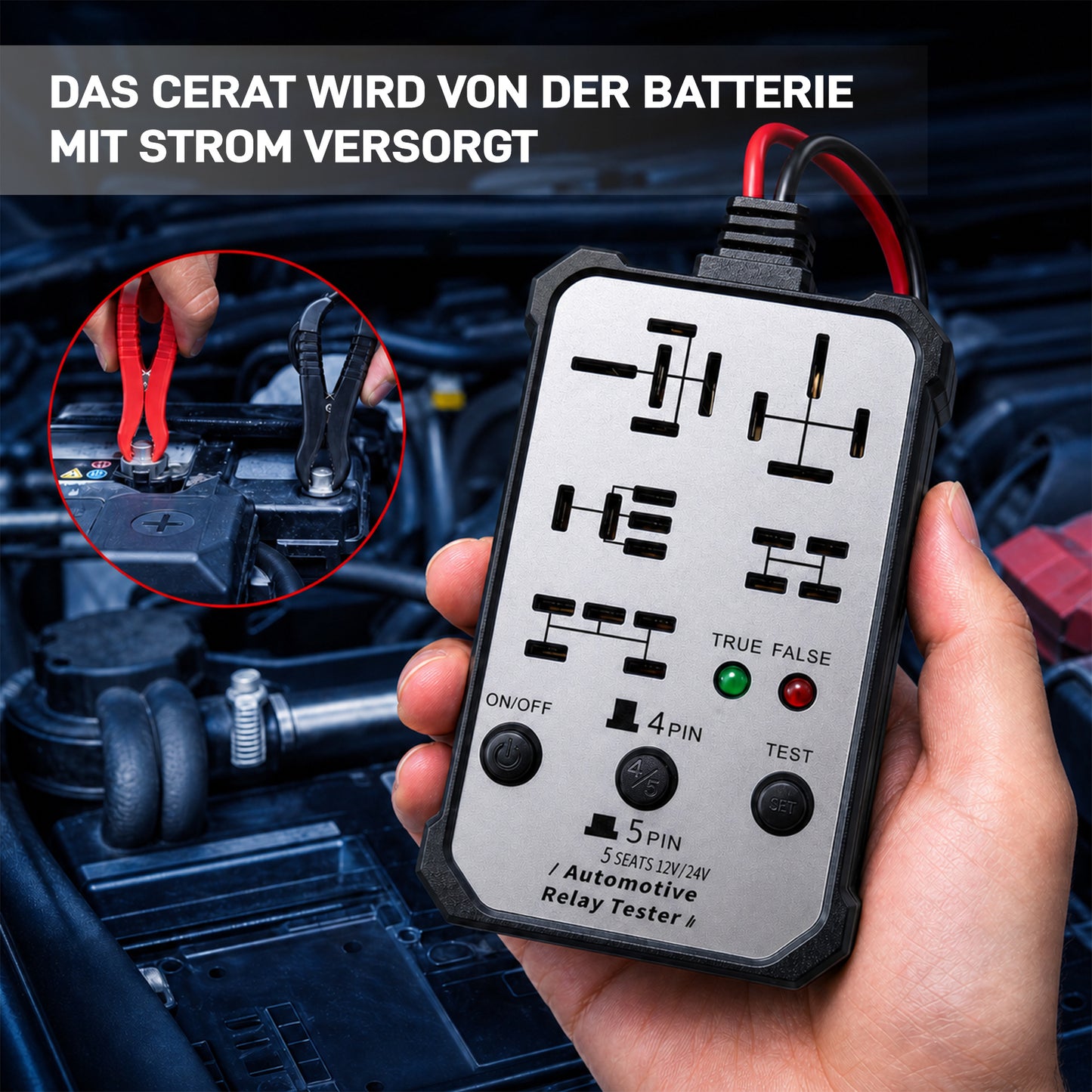 12V/24V Multi-Pin Automotive Relay Tester with Battery Clips