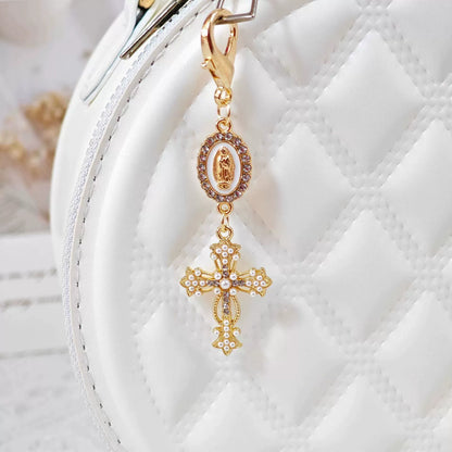 Pearl Cross Pattern Bag Charm Keychain, Vintage Baroque Rhinestone Inlaid Pendant