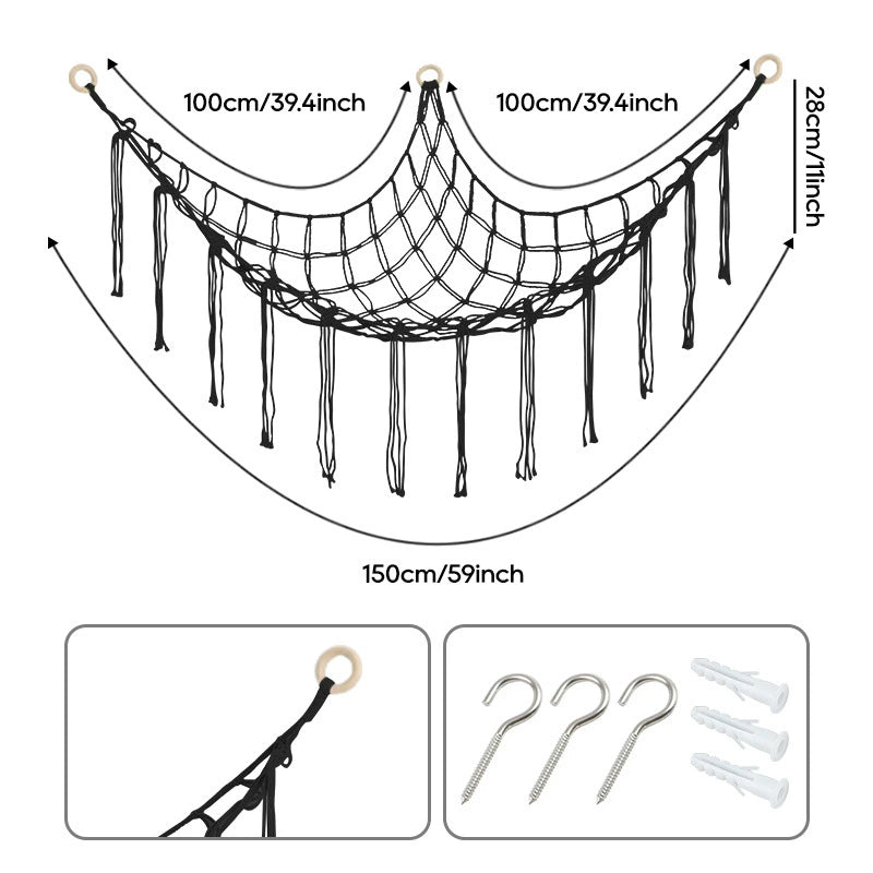Hand-knitted Large Plushie Net Toy Hammock with Wooden Rings