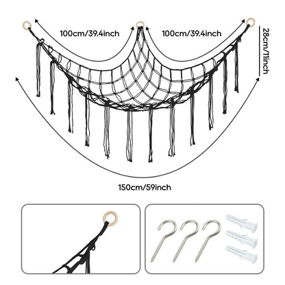 Hand-knitted Large Plushie Net Toy Hammock with Wooden Rings