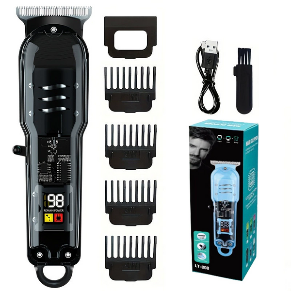 Professional Cordless Hair Clippers: Transparent Electric Hair Trimmer Set with 0 Pitch Light