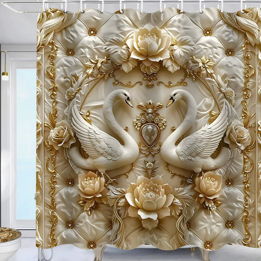 Waterproof Shower Curtain, Floral Swan Bathroom Curtain with 12 Hooks