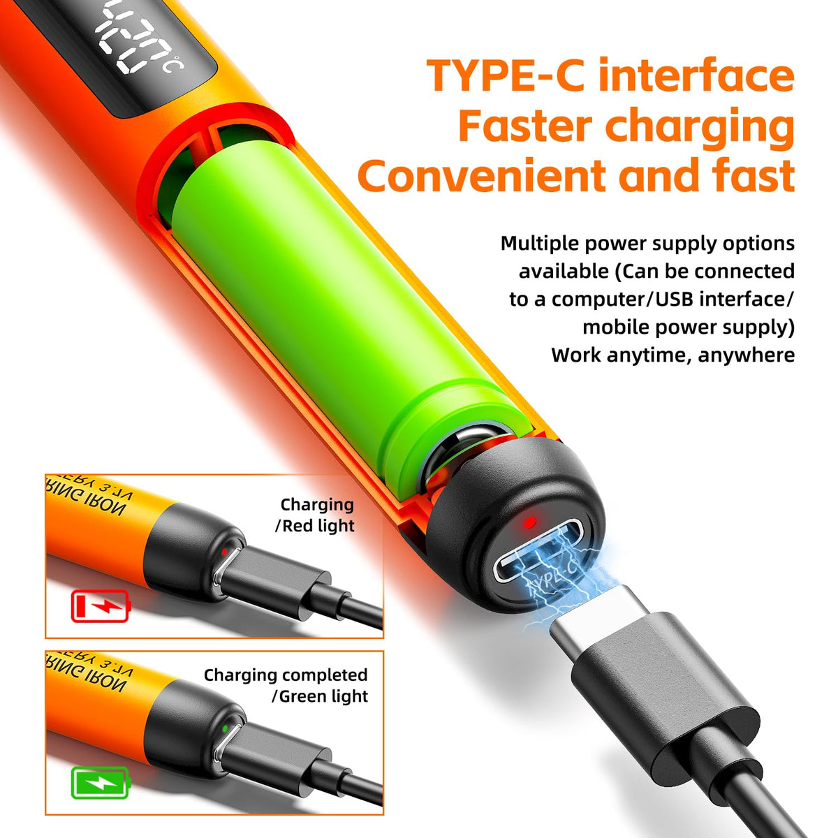 Cordless USB Rechargeable Portable Soldering Iron, 3-speed Temperature Adjustable