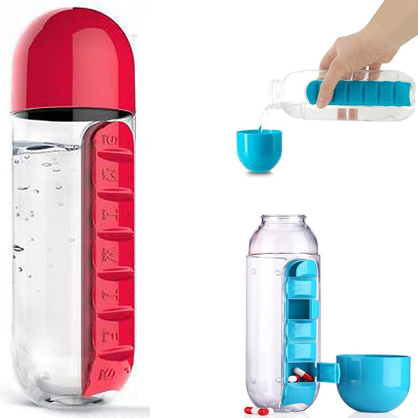 2 in 1 Pill Box Cup Organizer with Water Bottle, 7 Day Pill Organizer Case, 600 ML Daily Medicine Storage Box