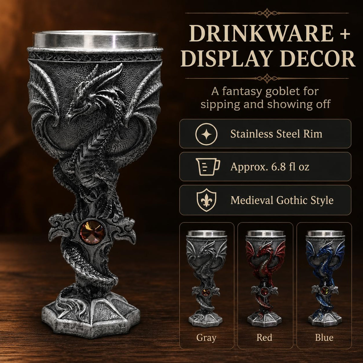 3D Dragon Goblet Wine Glass, 6.8 fl oz Stainless Steel Medieval Gothic Fantasy Stemmed Cup