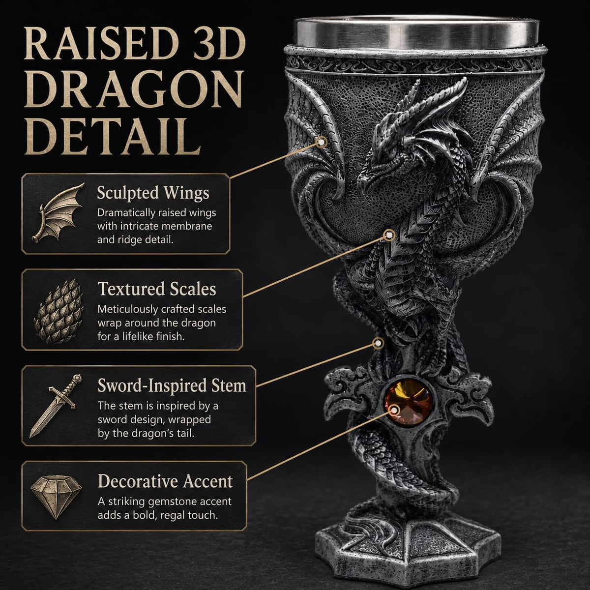 3D Dragon Goblet Wine Glass, 6.8 fl oz Stainless Steel Medieval Gothic Fantasy Stemmed Cup
