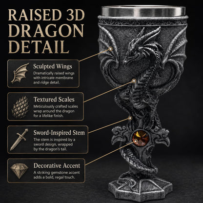3D Dragon Goblet Wine Glass, 6.8 fl oz Stainless Steel Medieval Gothic Fantasy Stemmed Cup
