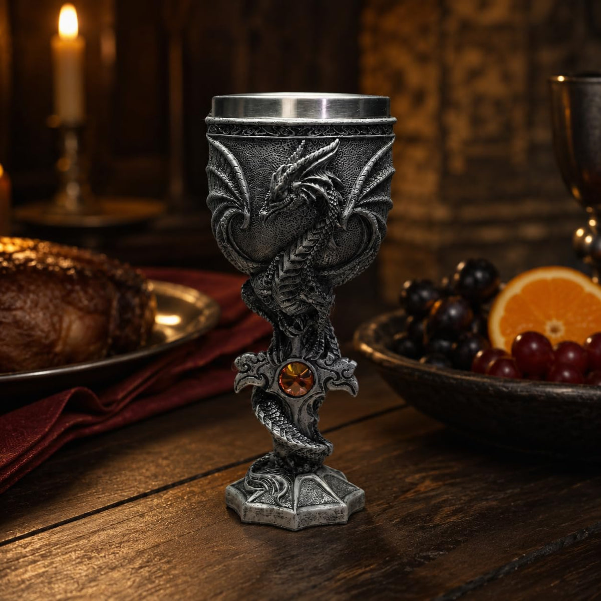 3D Dragon Goblet Wine Glass, 6.8 fl oz Stainless Steel Medieval Gothic Fantasy Stemmed Cup