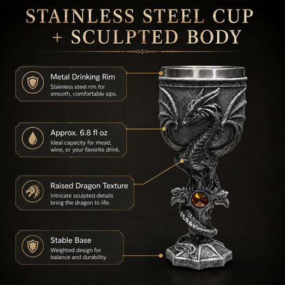 3D Dragon Goblet Wine Glass, 6.8 fl oz Stainless Steel Medieval Gothic Fantasy Stemmed Cup