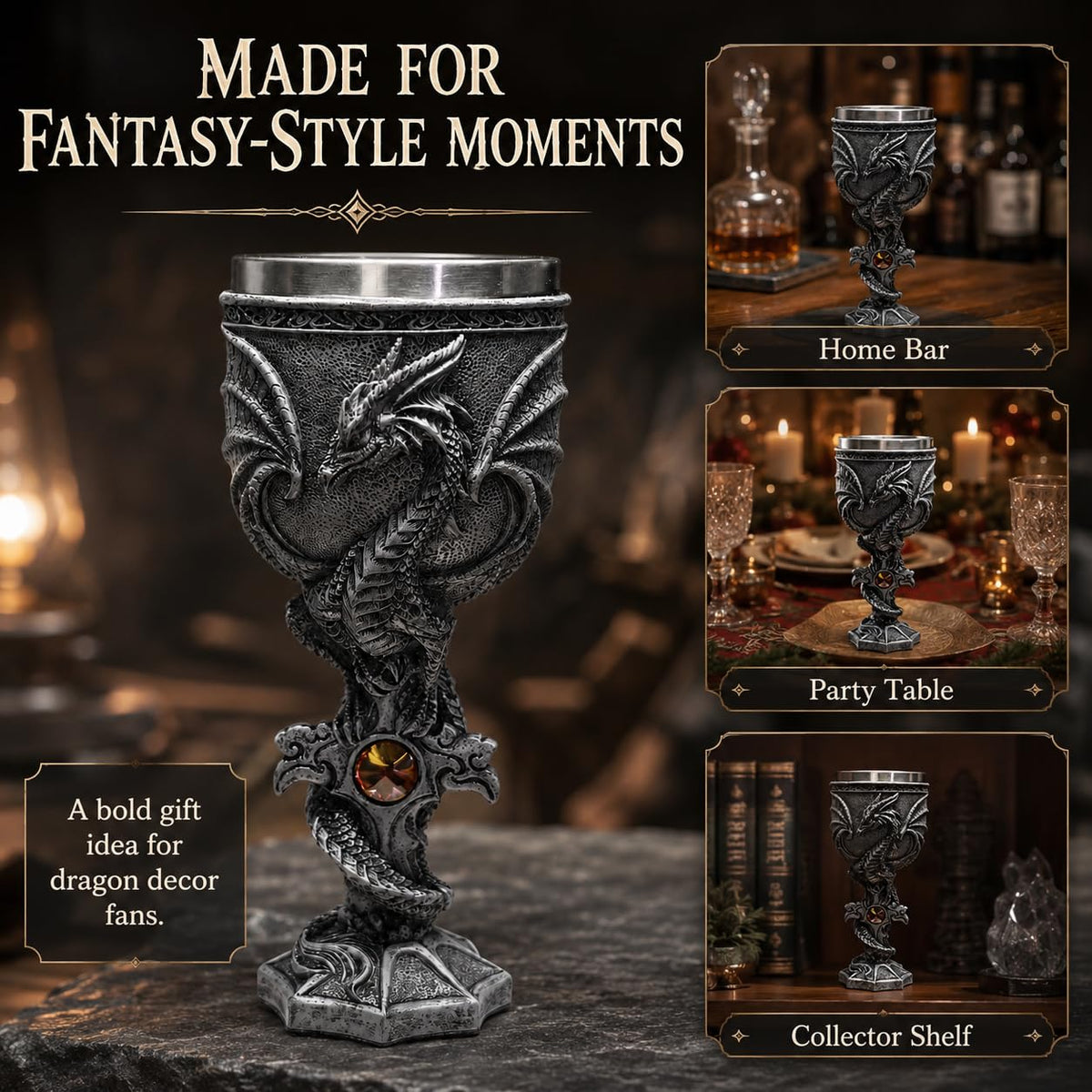 3D Dragon Goblet Wine Glass, 6.8 fl oz Stainless Steel Medieval Gothic Fantasy Stemmed Cup