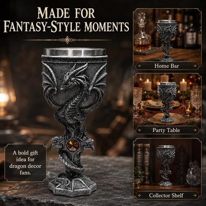 3D Dragon Goblet Wine Glass, 6.8 fl oz Stainless Steel Medieval Gothic Fantasy Stemmed Cup