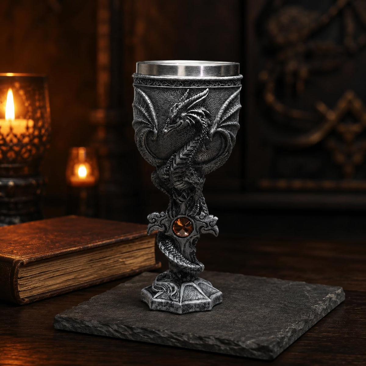 3D Dragon Goblet Wine Glass, 6.8 fl oz Stainless Steel Medieval Gothic Fantasy Stemmed Cup