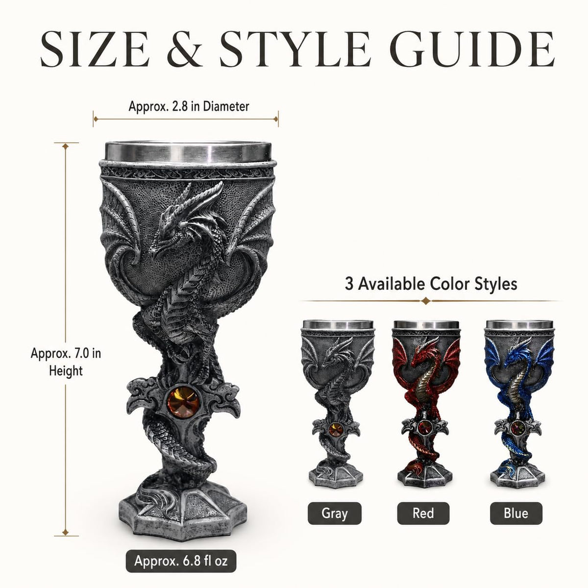 3D Dragon Goblet Wine Glass, 6.8 fl oz Stainless Steel Medieval Gothic Fantasy Stemmed Cup