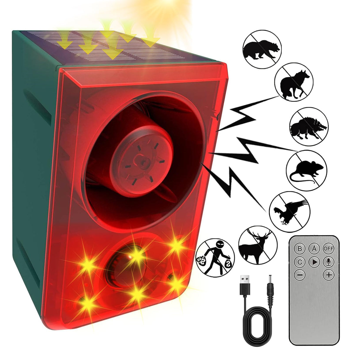 Solar Outdoor Motion Sensor Alarm with Flashing Light- Dog Barking & Gunshot Sound 130dB Noise