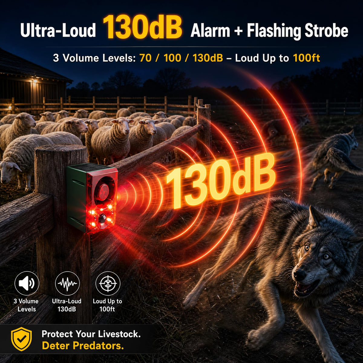 Solar Outdoor Motion Sensor Alarm with Flashing Light- Dog Barking & Gunshot Sound 130dB Noise