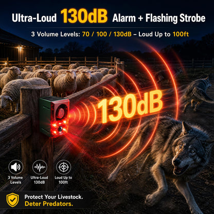 Solar Outdoor Motion Sensor Alarm with Flashing Light- Dog Barking & Gunshot Sound 130dB Noise