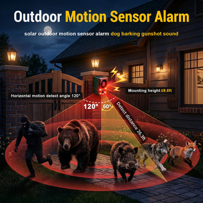 Solar Outdoor Motion Sensor Alarm with Flashing Light- Dog Barking & Gunshot Sound 130dB Noise