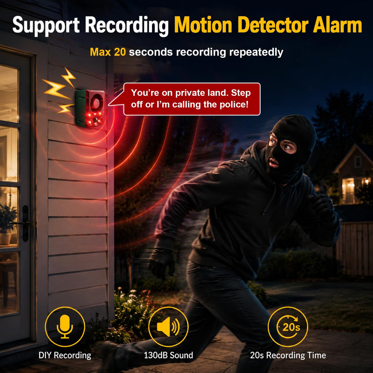 Solar Outdoor Motion Sensor Alarm with Flashing Light- Dog Barking & Gunshot Sound 130dB Noise