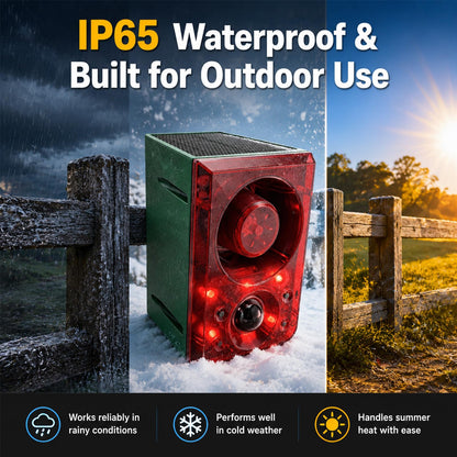 Solar Outdoor Motion Sensor Alarm with Flashing Light- Dog Barking & Gunshot Sound 130dB Noise