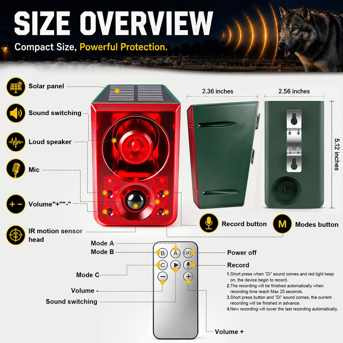 Solar Outdoor Motion Sensor Alarm with Flashing Light- Dog Barking & Gunshot Sound 130dB Noise