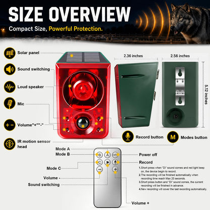 Solar Outdoor Motion Sensor Alarm with Flashing Light- Dog Barking & Gunshot Sound 130dB Noise