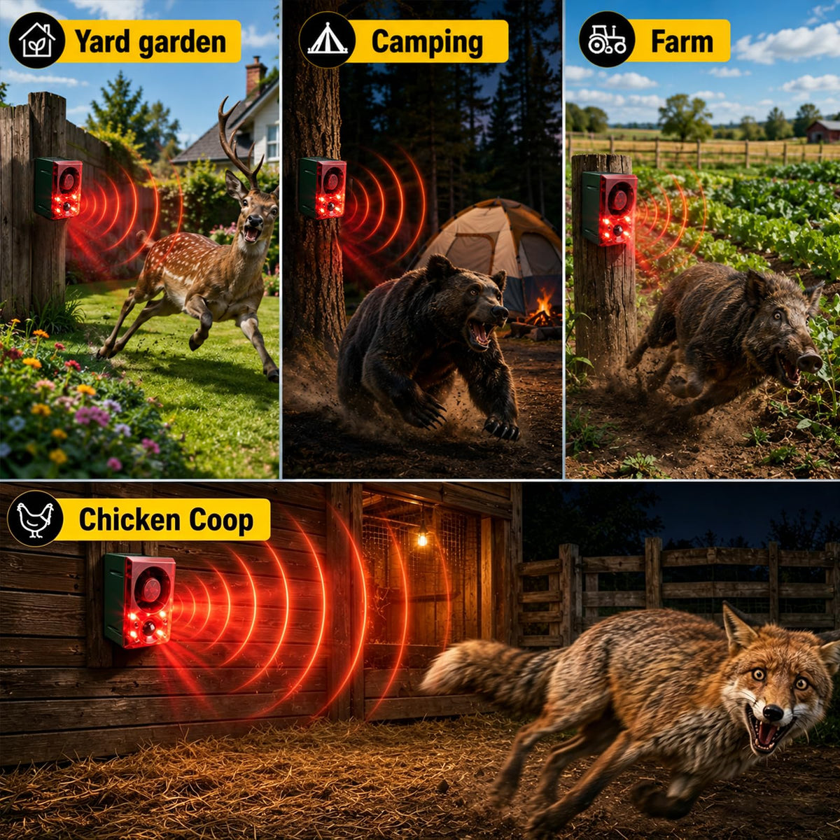 Solar Outdoor Motion Sensor Alarm with Flashing Light- Dog Barking & Gunshot Sound 130dB Noise