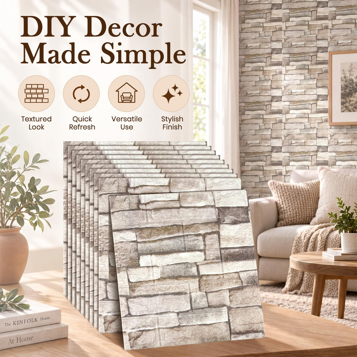 10 Pcs 3D Wall Panels Peel and Stick Foam Faux Stone. Self-Adhesive Wallpaper
