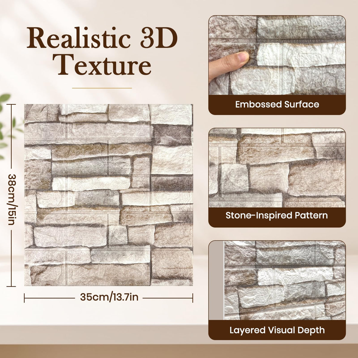 10 Pcs 3D Wall Panels Peel and Stick Foam Faux Stone. Self-Adhesive Wallpaper