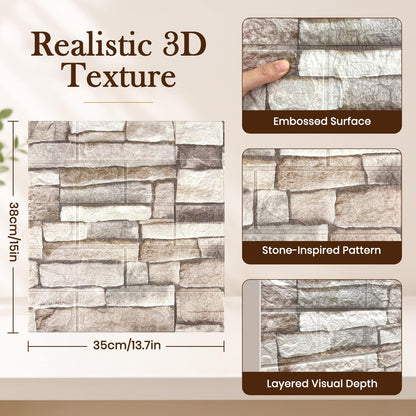 10 Pcs 3D Wall Panels Peel and Stick Foam Faux Stone. Self-Adhesive Wallpaper