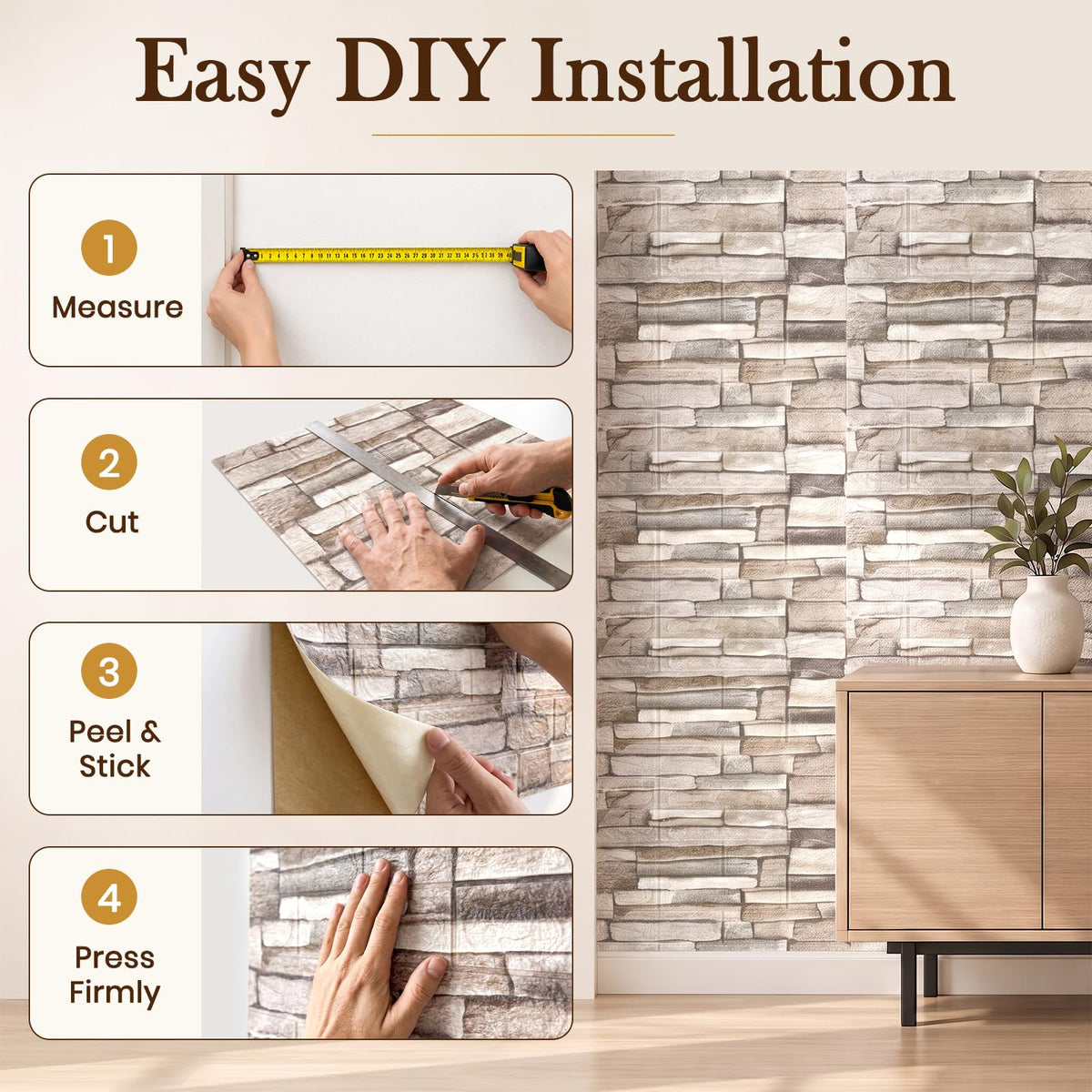 10 Pcs 3D Wall Panels Peel and Stick Foam Faux Stone. Self-Adhesive Wallpaper