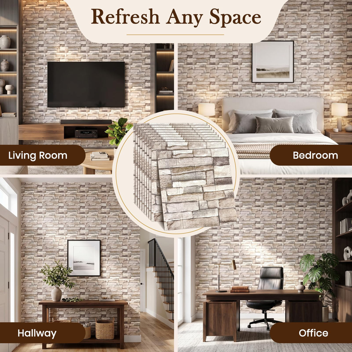 10 Pcs 3D Wall Panels Peel and Stick Foam Faux Stone. Self-Adhesive Wallpaper