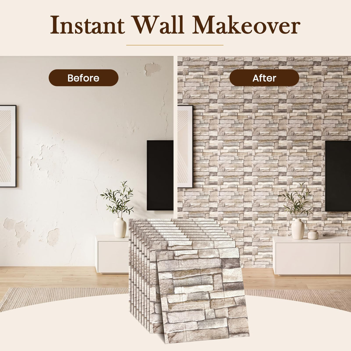 10 Pcs 3D Wall Panels Peel and Stick Foam Faux Stone. Self-Adhesive Wallpaper
