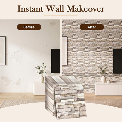 10 Pcs 3D Wall Panels Peel and Stick Foam Faux Stone. Self-Adhesive Wallpaper