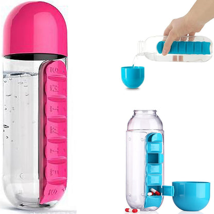 2 in 1 Pill Box Cup Organizer with Water Bottle, 7 Day Pill Organizer Case, 600 ML Daily Medicine Storage Box