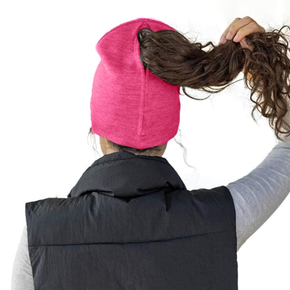 Magnetic Opening Ponytail Beanie Cap for Women Winter Knit Cuffed Hat