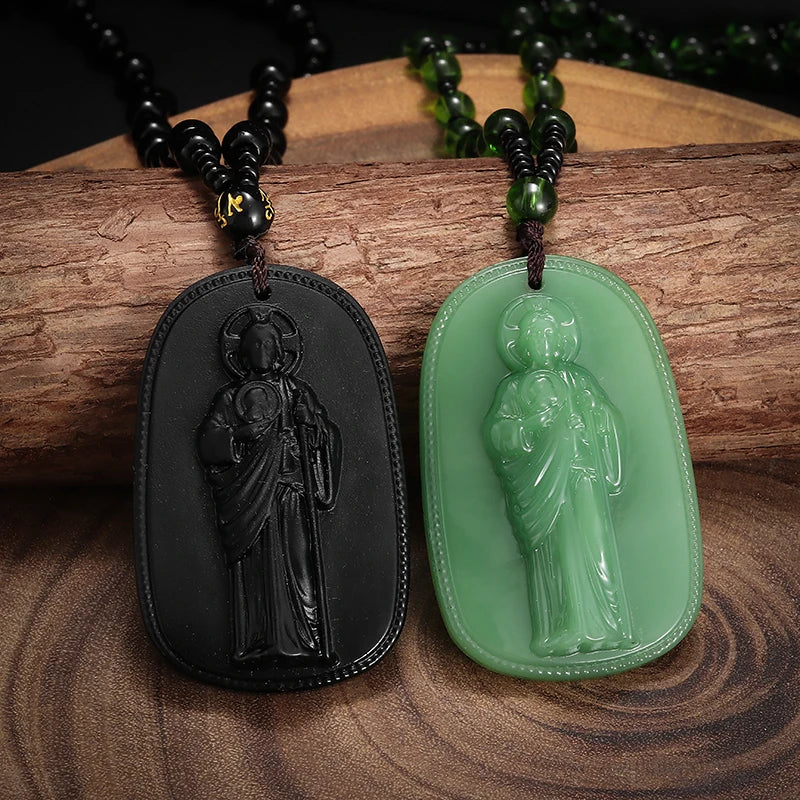 Classic Obsidian Catholic San Benito Statue Pendant Necklace