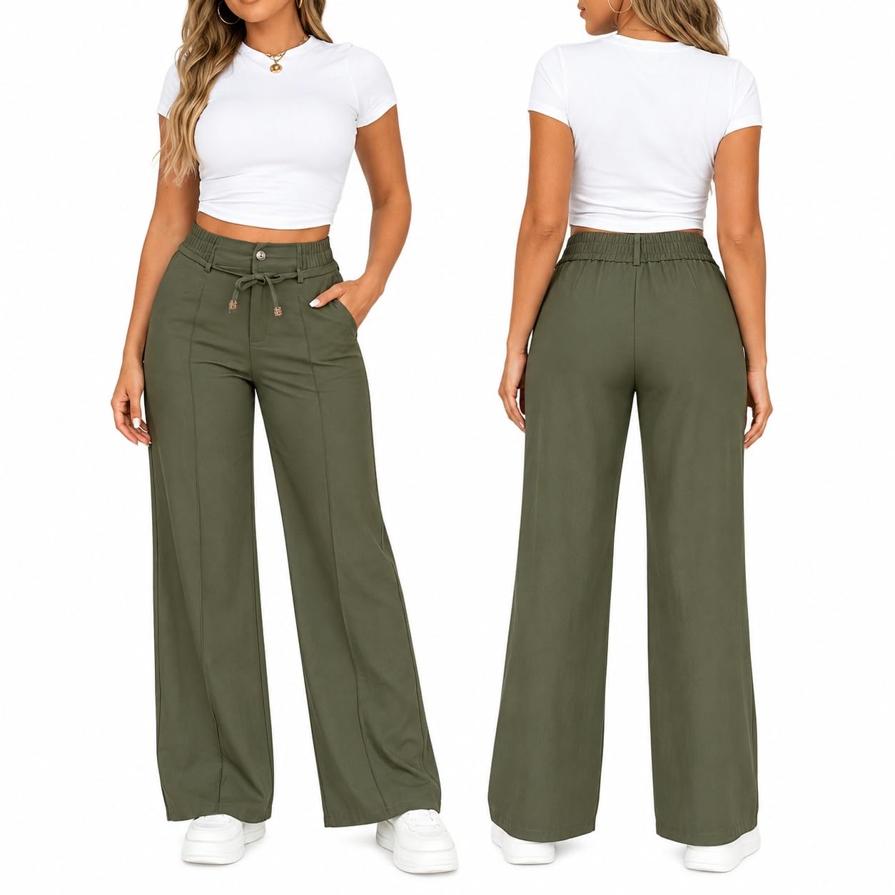 Women's High Waisted Wide Leg Pants with Drawstring and Front Seam